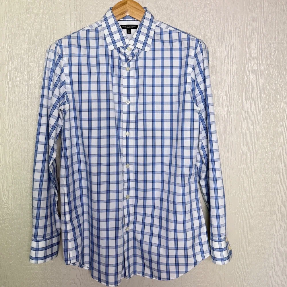 Banana Republic Mens Slim Fit Non-Iron Plaid Dress Shirt Blue White Medium